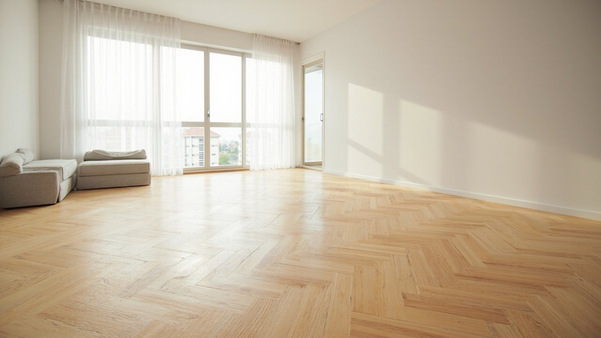 Illustrative concept design: natural oak herringbone parquet across a condo living room facing a window wall