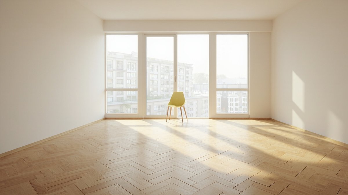 Illustrative concept design: freshly sanded and refinished pale herringbone parquet in a bedroom with one chair