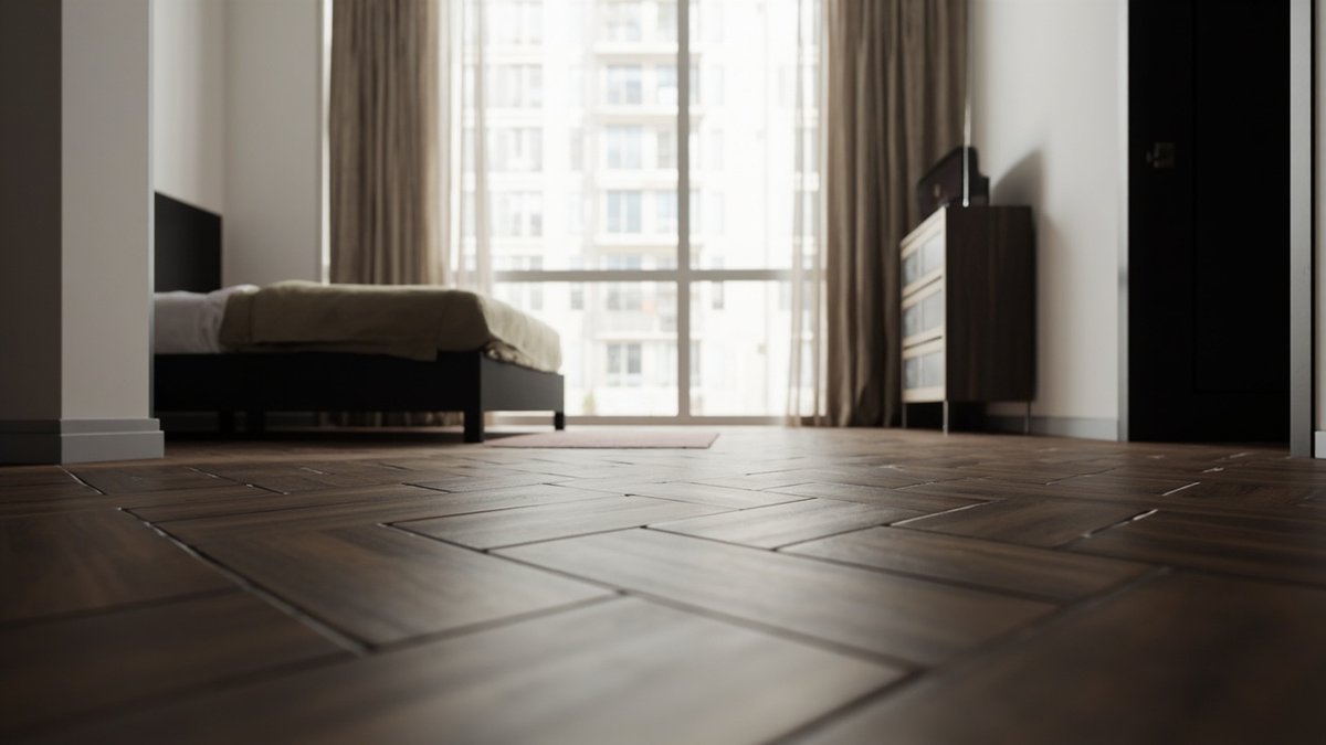 Illustrative concept design: smoked dark oak herringbone parquet in a condo bedroom with half-drawn linen curtains