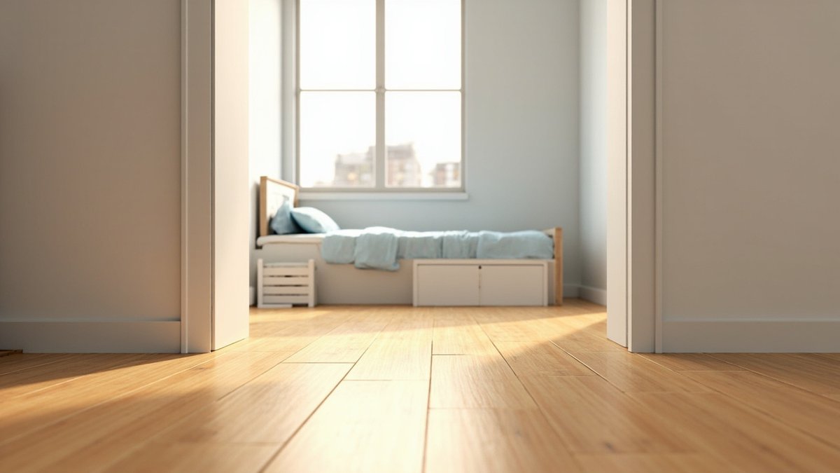 Illustrative concept design: caramel strand-woven bamboo planks under a low single bed in a kids bedroom