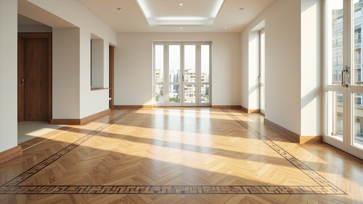Illustrative concept design: oak herringbone parquet framed by a dark key-pattern inlay border in a bright empty hall