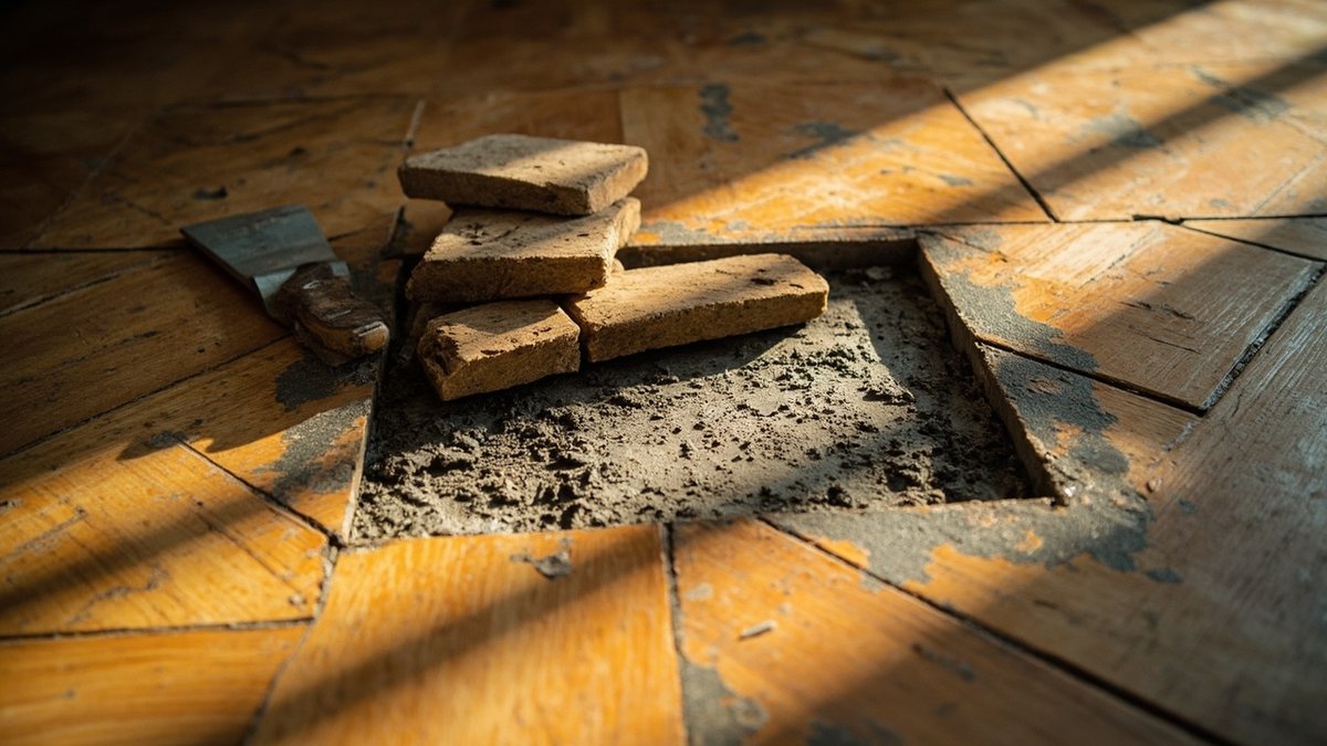 Three parquet blocks lifted from a herringbone floor showing the slab and old adhesive, with a putty knife