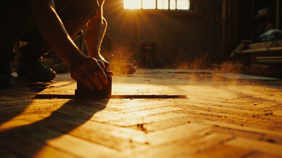 Hand pressing a block on a herringbone parquet floor in low golden light, with fine dust rising