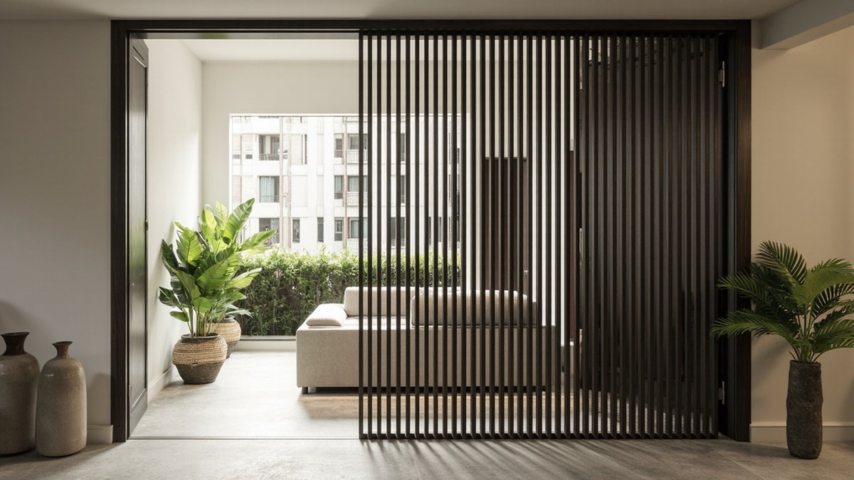 Illustrative concept design: dark espresso wood-look slat screen beside the front door with a cream sofa seen through the gaps in a terrace house