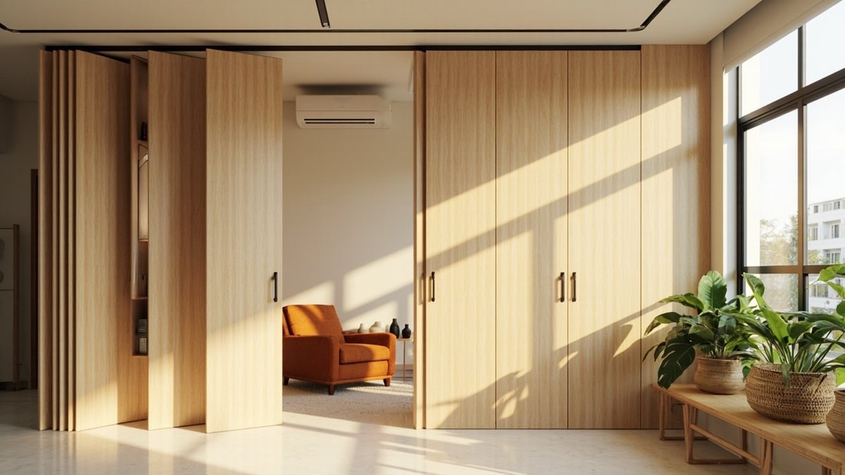 Illustrative concept design: pale timber-look folding panels on a ceiling track, partly stacked open, in a semi-D family room