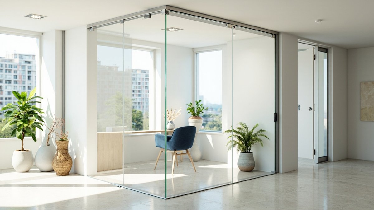 Illustrative concept design: frameless clear glass partition around a home office corner with a navy chair in a semi-D living hall