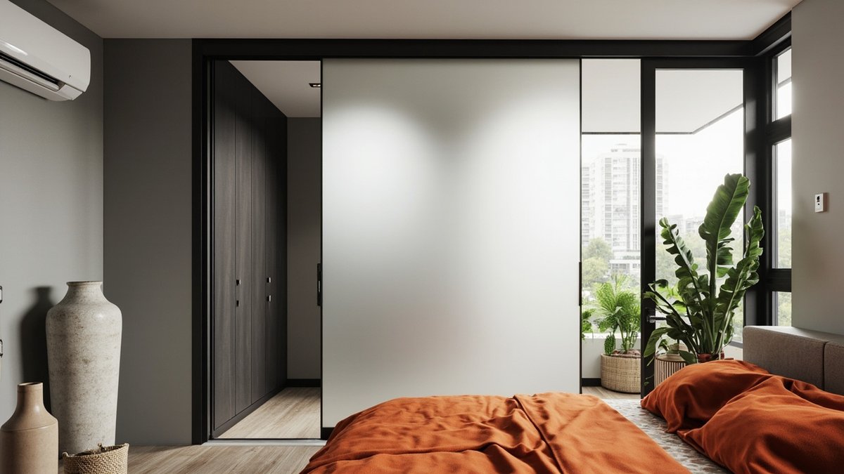 Illustrative concept design: frosted glass sliding door in a black frame opening to a walk-in wardrobe beside a bed with rust orange bedding