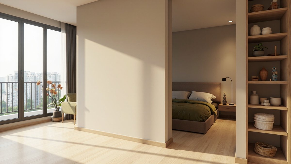 Illustrative concept design: greige full-height false wall behind a bed separating the sleeping corner in a studio condo