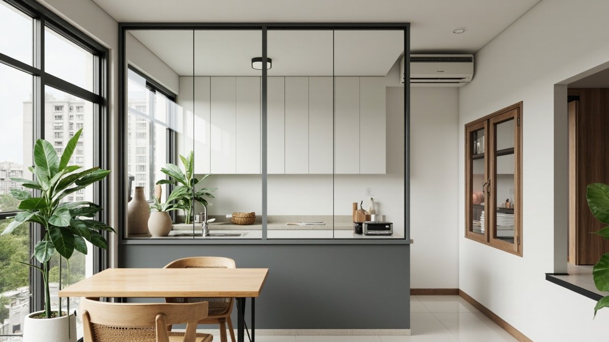 Illustrative concept design: charcoal half wall with black-framed clear glass above between a white kitchen and an oak dining table in a condo