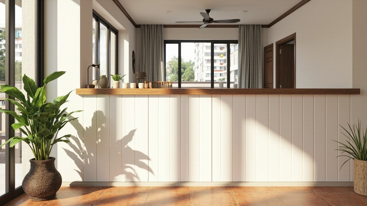 Illustrative concept design: white panelled half wall with a thick teak ledge and terracotta floor, the living room open beyond, in a terrace house