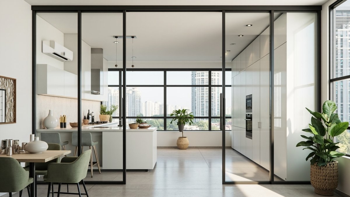 Illustrative concept design: black-framed clear glass sliding doors between a white kitchen and a dining area with sage green chairs in a condo