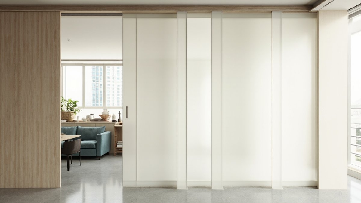 Illustrative concept design: off-white translucent and pale oak sliding panels on a ceiling track opening onto a condo living room