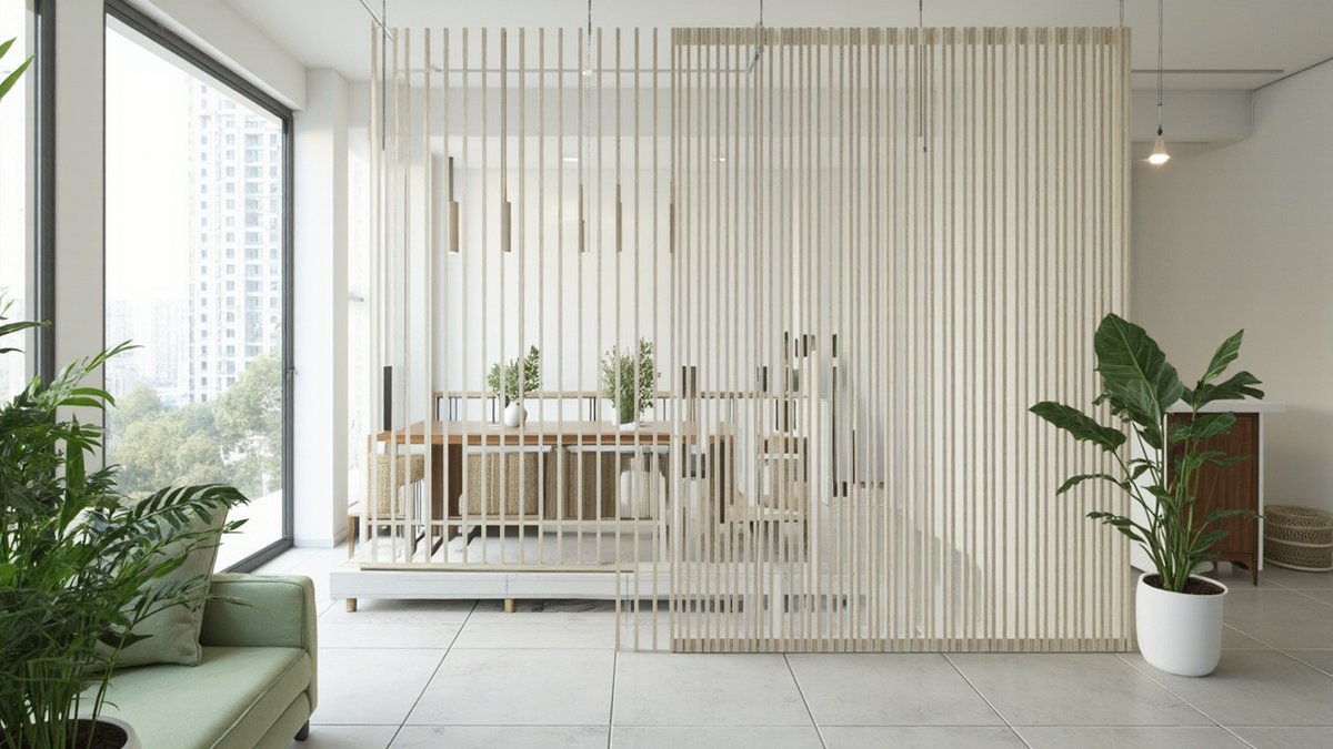 Illustrative concept design: whitewashed timber slat screens between a sage green sofa and a dining table in a condo
