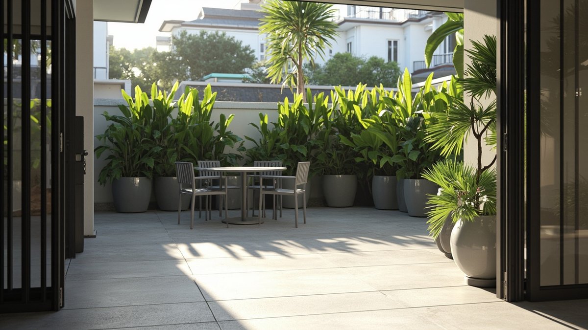 Illustrative concept design: open back patio with light grey textured tiles and an aluminium dining set