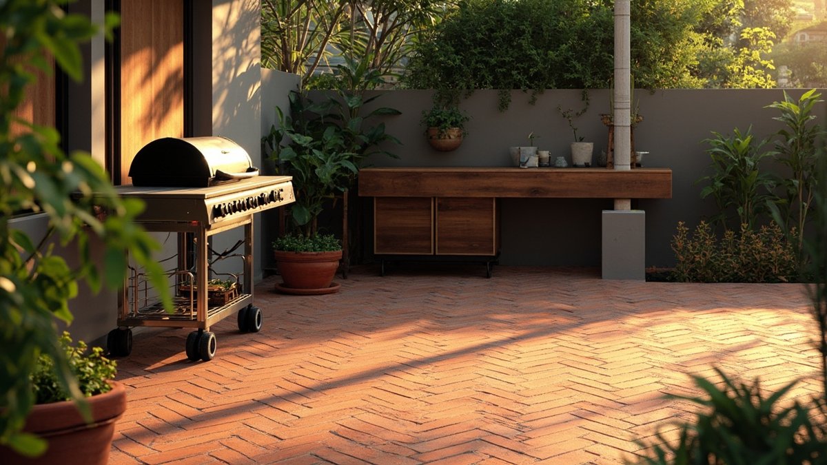 Illustrative concept design: herringbone brick patio with a stainless BBQ trolley and a timber prep counter