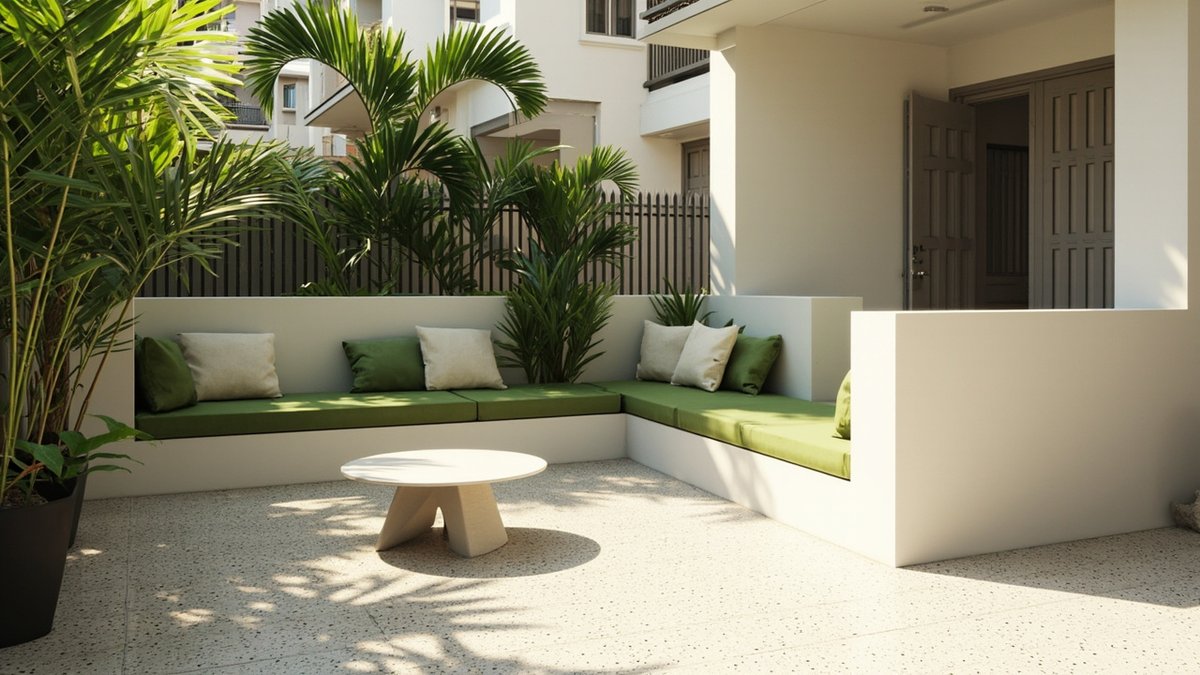 Illustrative concept design: L-shaped rendered masonry bench with green cushions on a side patio