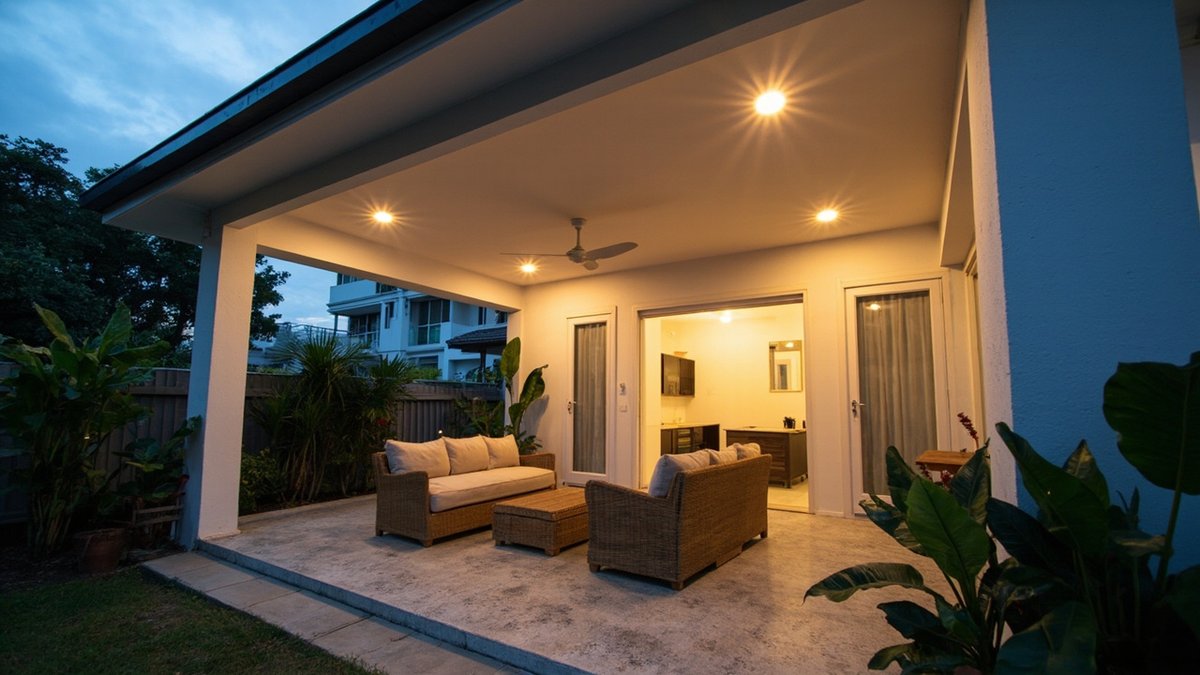 Illustrative concept design: covered patio at dusk with a ceiling fan, downlights and a rattan sofa set