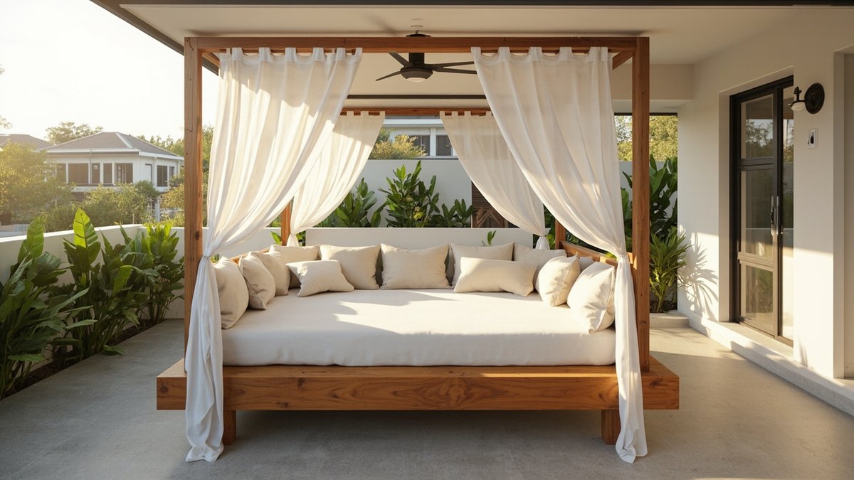 Illustrative concept design: timber four-post outdoor daybed with white curtains on a covered patio