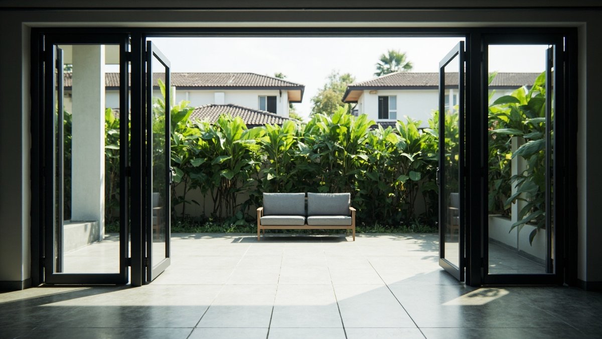 Illustrative concept design: living room opening through folding glass doors onto a grey-tiled patio