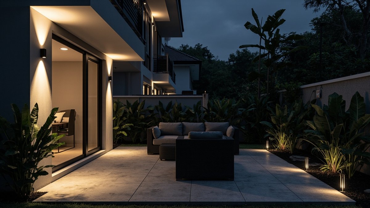 Illustrative concept design: back patio at night lit by wall lights, garden uplights and edge lights