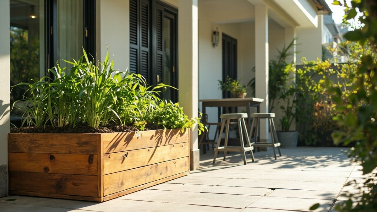 Illustrative concept design: raised timber herb planter by the house wall on a side patio