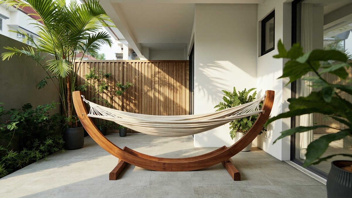 Illustrative concept design: small patio with a curved timber hammock stand and a cream hammock