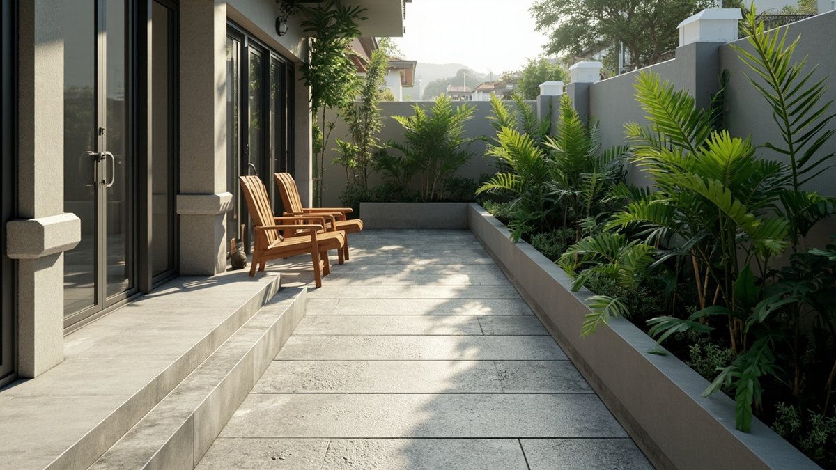 Illustrative concept design: patio stepping down from the house edged by a long planter of ferns and palms