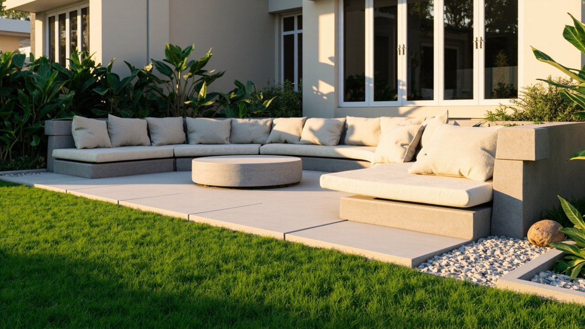 Illustrative concept design: built-in curved concrete seating with cushions beside a lawn