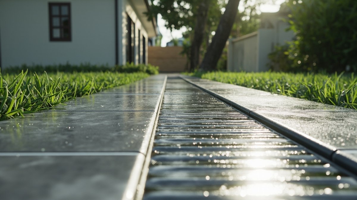 Illustrative concept design: wet patio edge with a steel slot drain channel between the tiles and the lawn