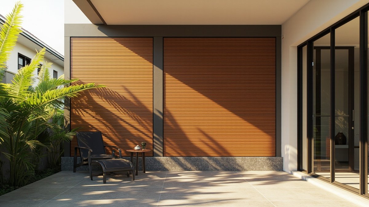 Illustrative concept design: tall timber-look slat privacy screen beside a patio lounge chair