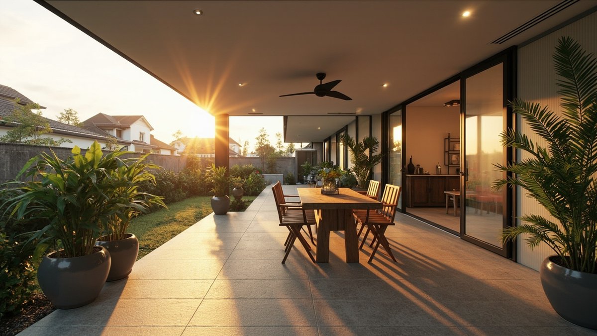 Illustrative concept design: covered back patio of a semi-D at sunset with grey anti-slip tiles, a teak dining set, a ceiling fan and potted palms