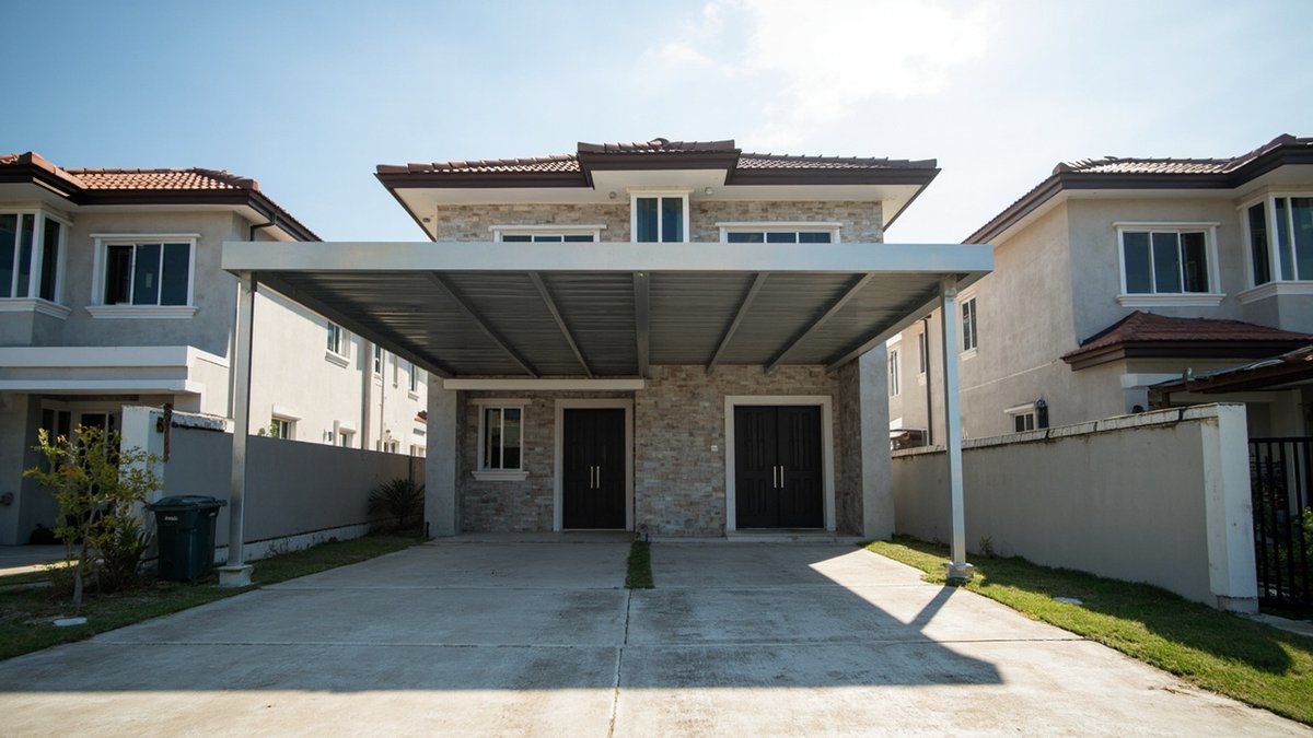 Intermediate terrace house in Selangor with an extended car porch roof