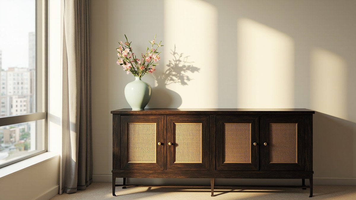 Illustrative concept design: dark timber four-door sideboard with woven cane panels and brass knobs, a celadon vase on top