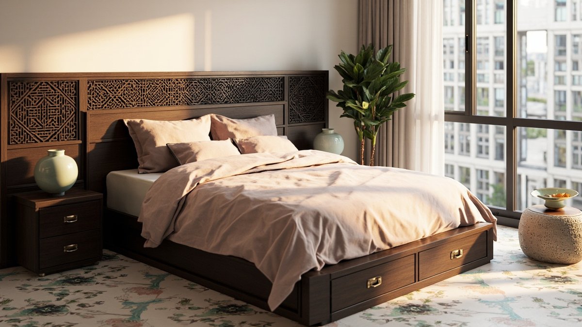 Illustrative concept design: master bedroom with a carved dark timber fretwork headboard wall, blush pink bedding and celadon jars
