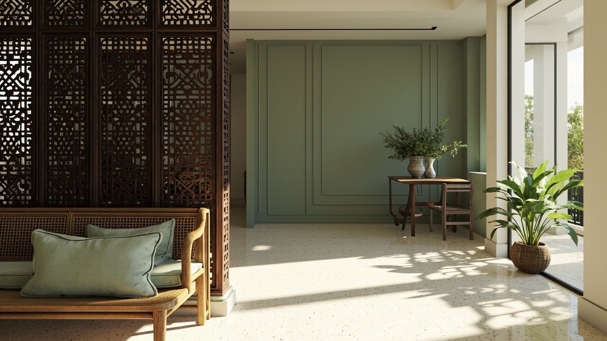 Illustrative concept design: tall dark timber fretwork screen behind a cane bench with mint cushions, dividing a terrace living area