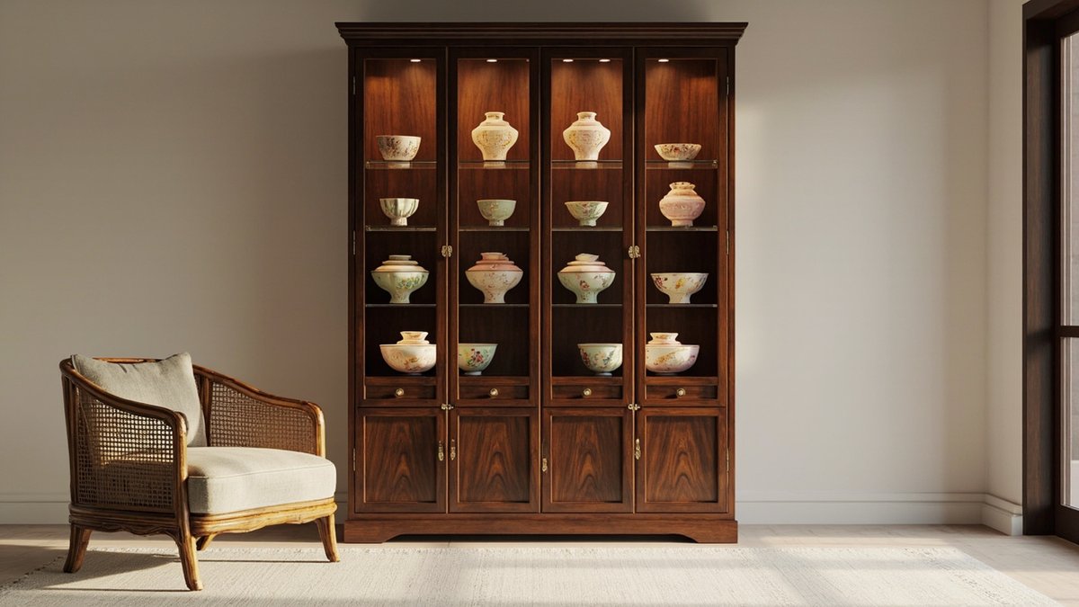 Illustrative concept design: tall dark timber glass display cabinet holding pastel Nyonya porcelain jars and bowls beside a cane armchair