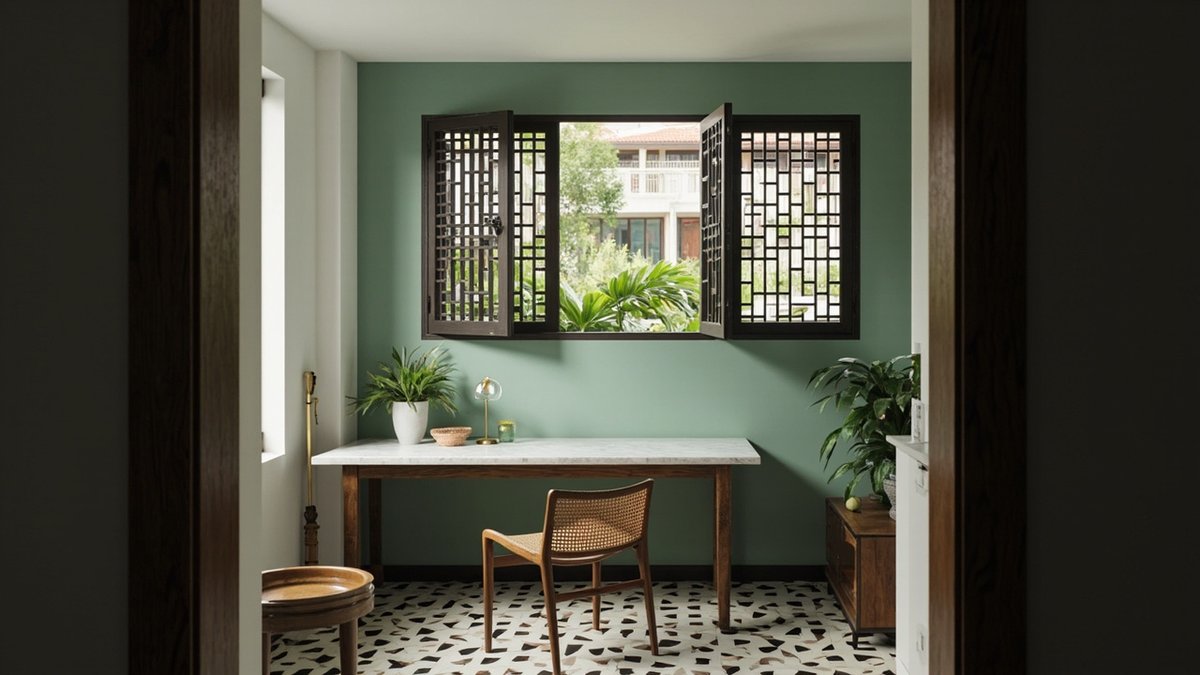 Illustrative concept design: Peranakan study with a jade green wall, open timber lattice shutters, a marble-top desk and a cane chair