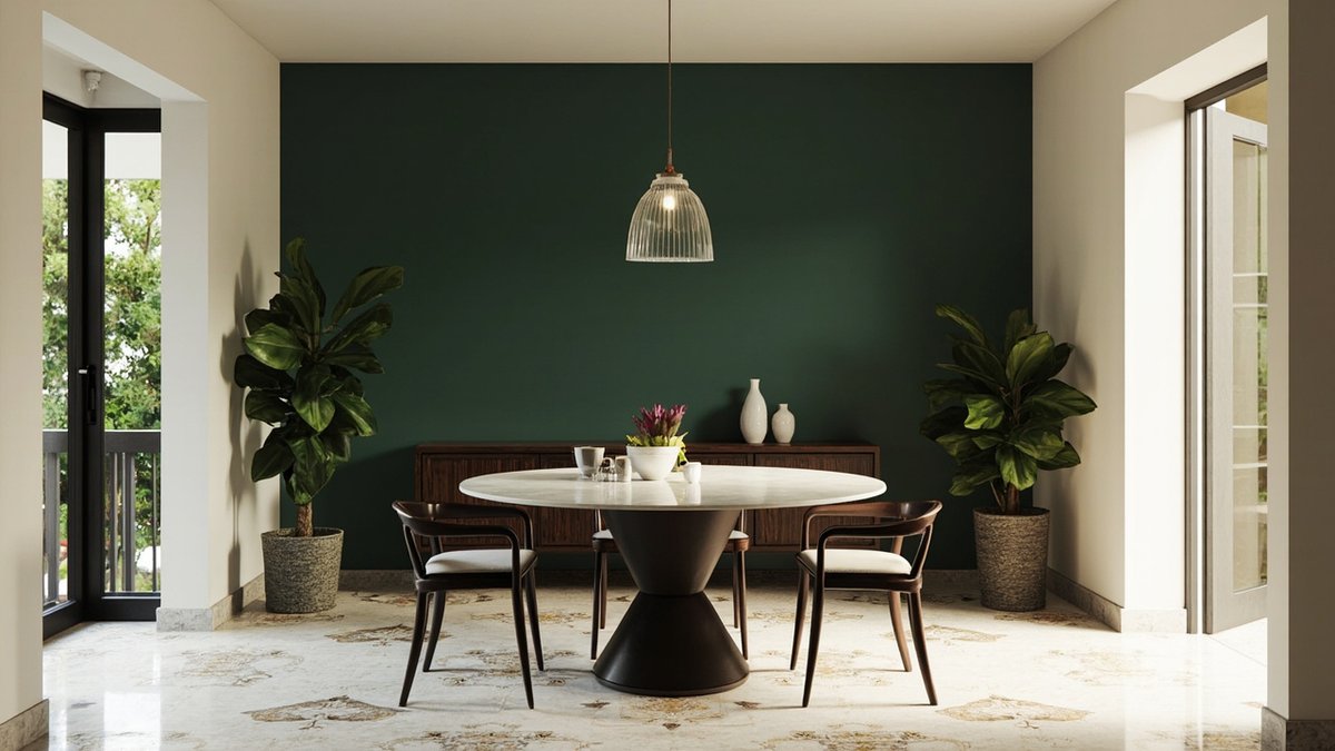 Illustrative concept design: Peranakan dining room with a round marble-top table, dark bentwood chairs and a deep jade green wall