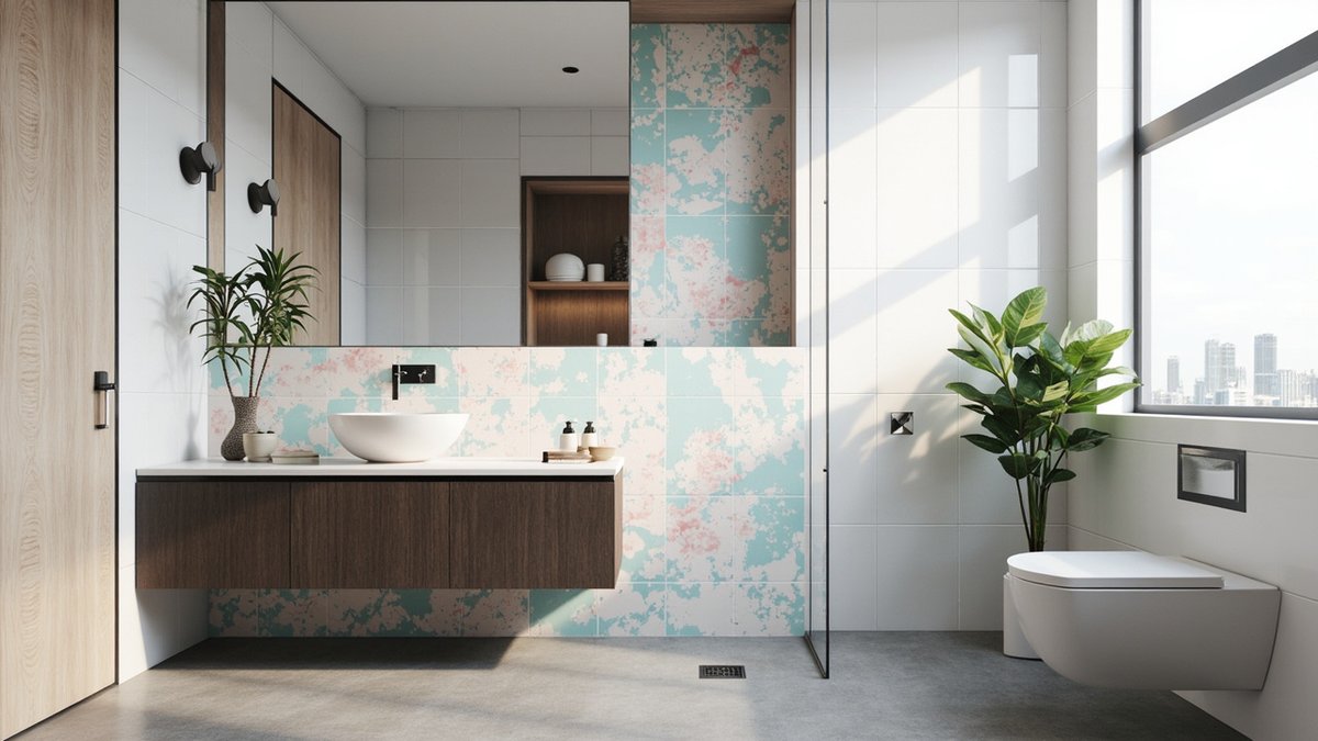 Illustrative concept design: bathroom with a pastel blue and pink Peranakan-style tile wall behind a wall-hung dark timber vanity