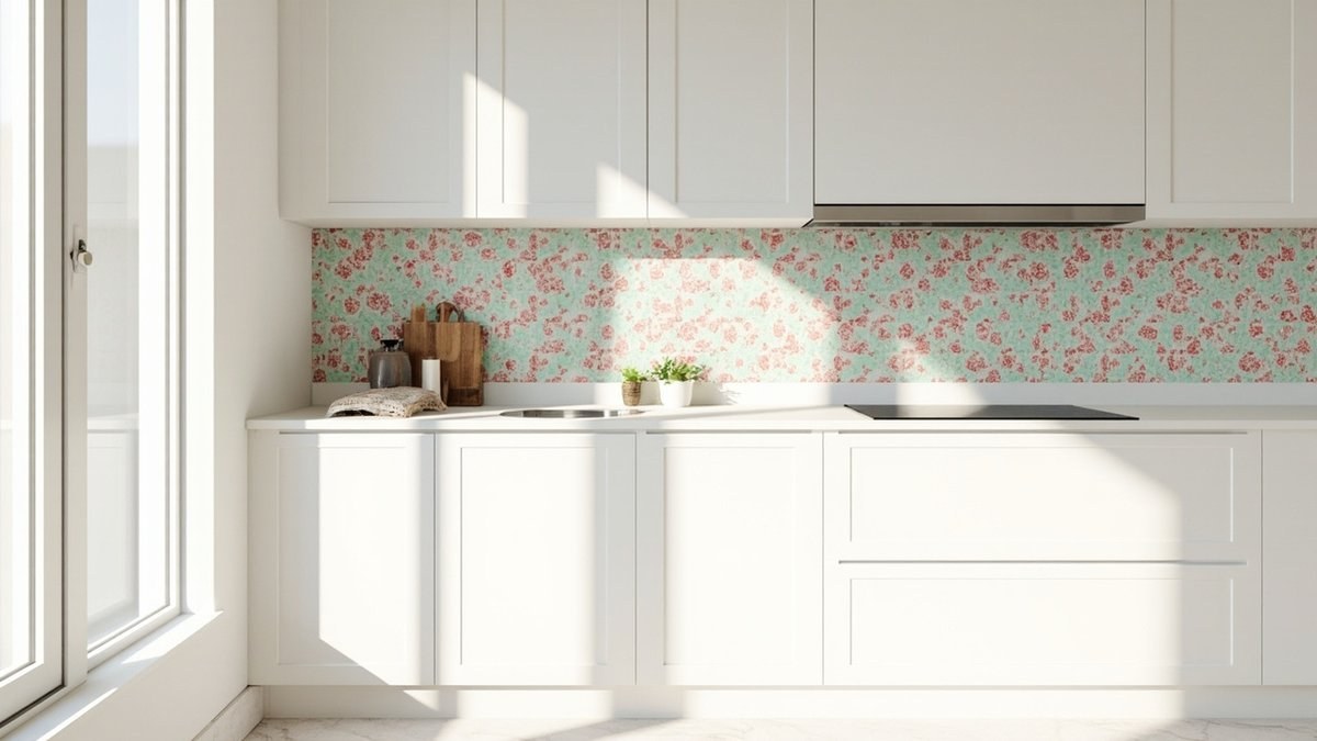 Illustrative concept design: kitchen with a pink and mint floral Peranakan tile backsplash between white shaker cabinets