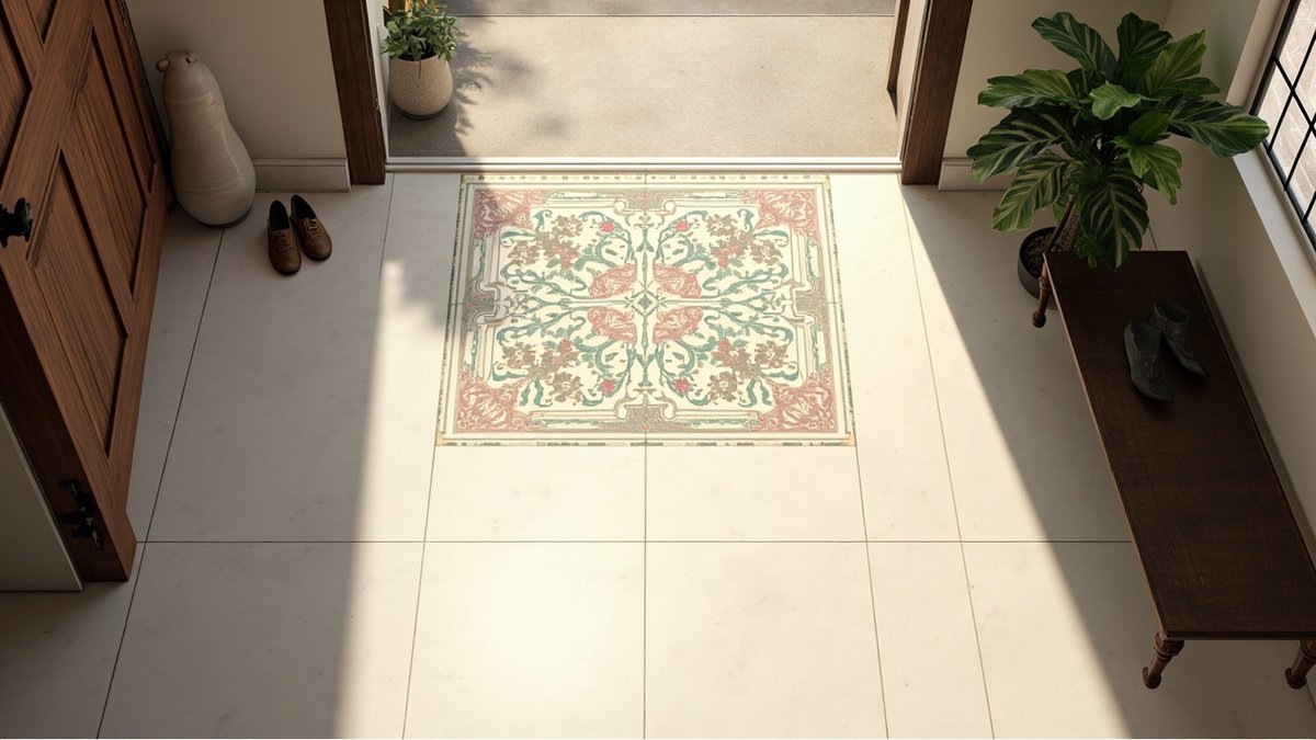 Illustrative concept design: terrace entrance with a square patterned Peranakan tile panel set into a plain cream floor