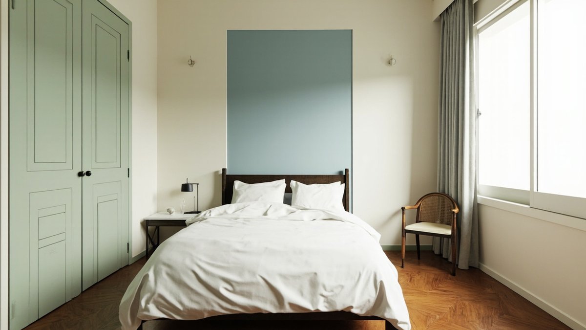 Illustrative concept design: Peranakan bedroom with a powder blue panel behind a dark timber bed, mint green doors and a cane chair