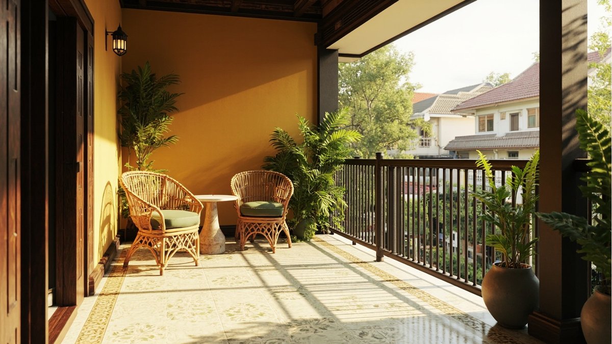 Illustrative concept design: covered balcony with two rattan armchairs, a warm yellow wall and pastel patterned floor tiles