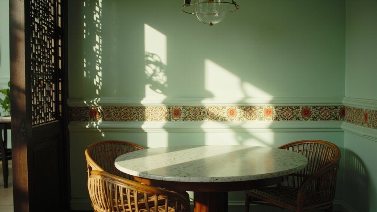 Peranakan-style dining area with patterned tiles, mint wall, timber screen and marble table