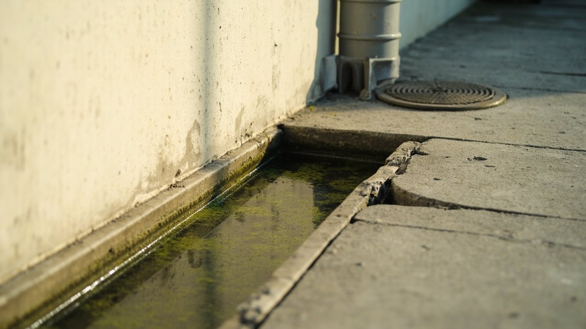 Perimeter drain beside a new terrace house holding standing water, with a cracked section and loose cover