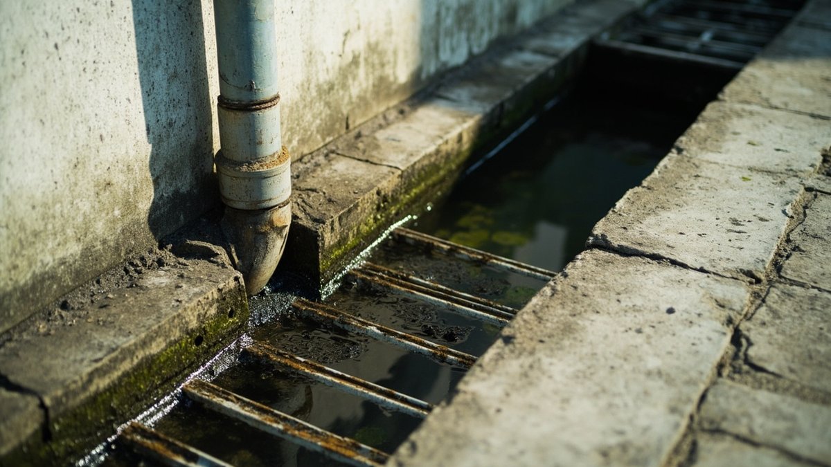 Concrete perimeter drain beside a terrace house wall with standing water, a downpipe and steel gratings