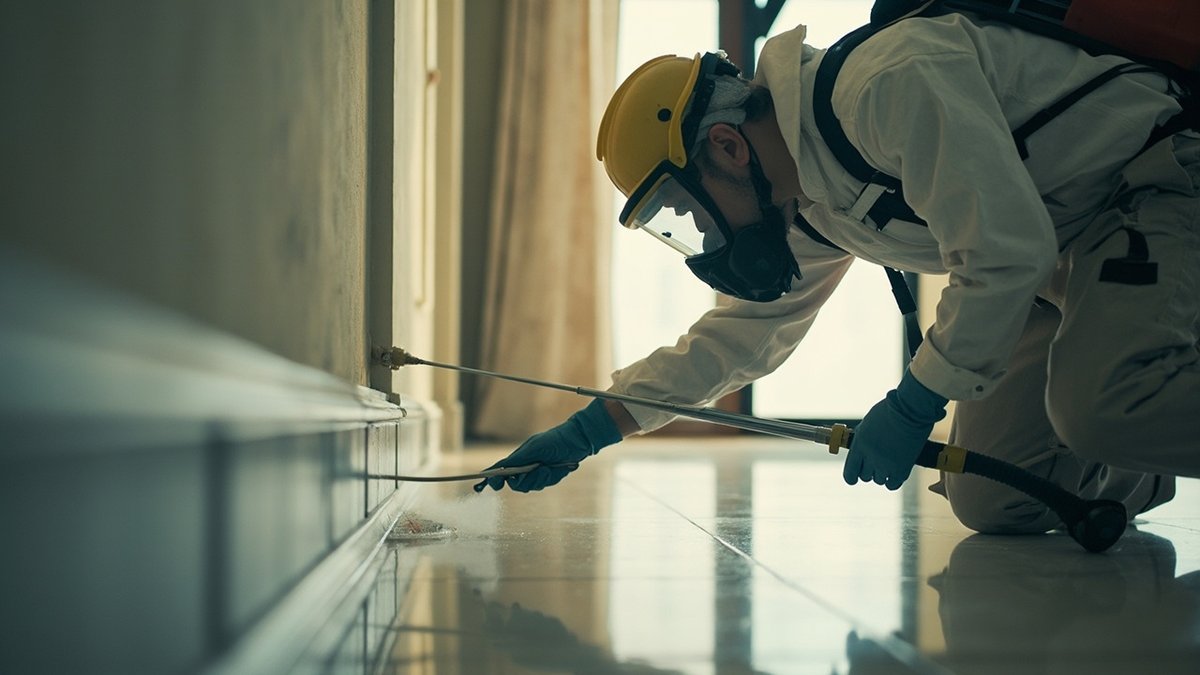 Licensed pest-control technician spraying treatment in a Malaysian home