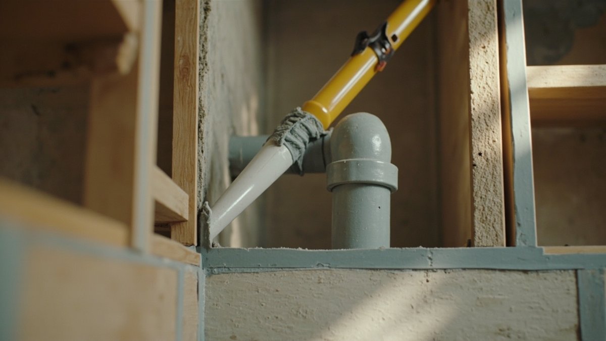Gap around a pipe entering a kitchen wall being sealed during a renovation