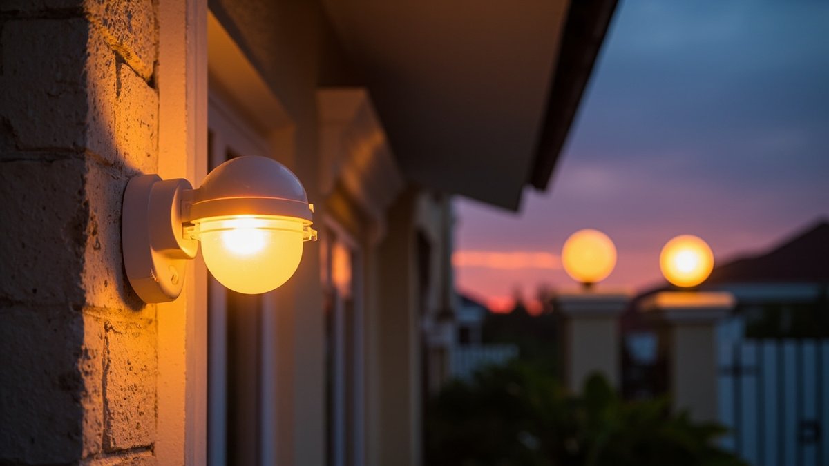 Outdoor light sensor on a terrace house wall beside a porch light switched on at dusk