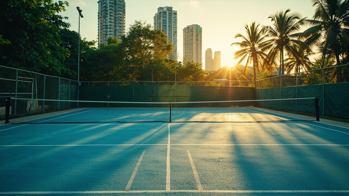 Empty outdoor pickleball court with blue surface and low net beside Malaysian condominium blocks